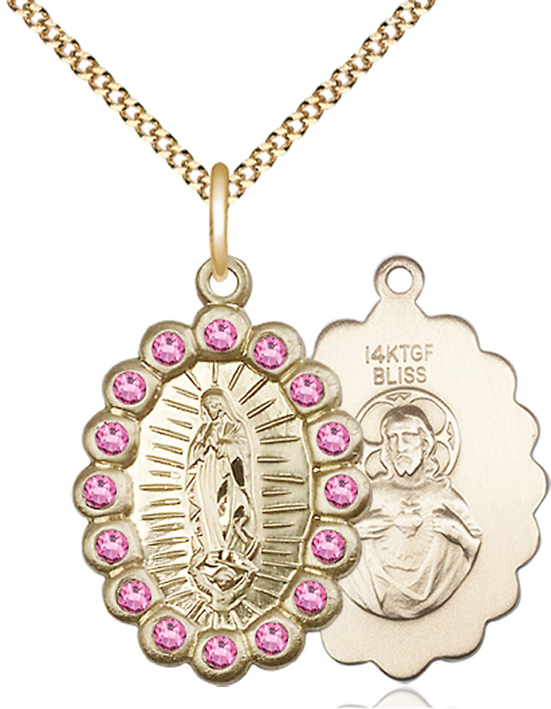 14kt Gold Filled Our Lady of Guadalupe Pendant with Rose Swarovski stones on a 18 inch Gold Plate Light Curb chain