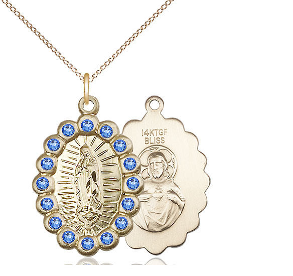 14kt Gold Filled Our Lady of Guadalupe Pendant with Sapphire Swarovski stones on a 18 inch Gold Filled Light Curb chain
