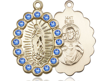 14kt Gold Our Lady of Guadalupe Medal with Sapphire Swarovski stones