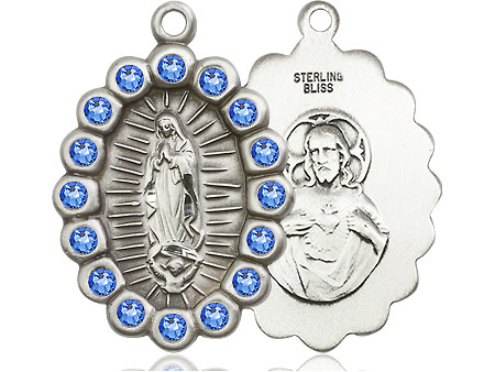 Sterling Silver Our Lady of Guadalupe Medal with Sapphire Swarovski stones