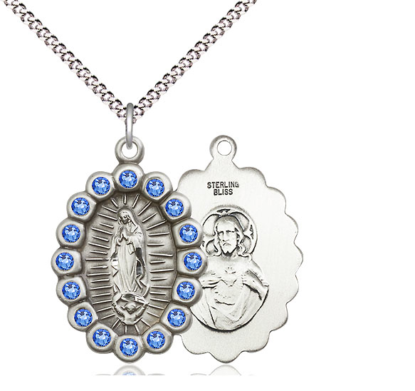 Sterling Silver Our Lady of Guadalupe Pendant with Sapphire Swarovski stones on a 18 inch Light Rhodium Light Curb chain