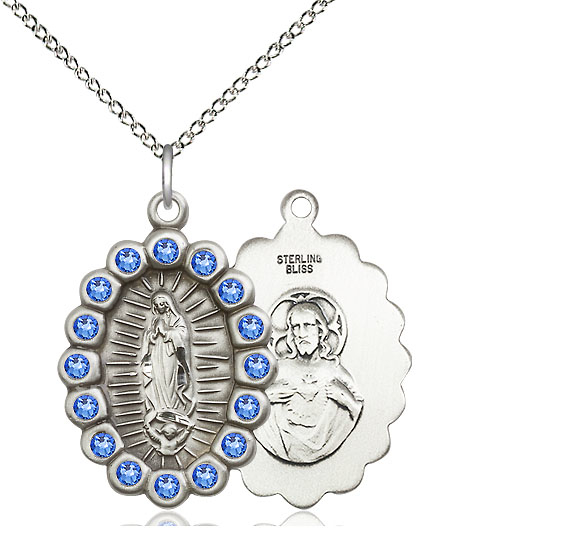 Sterling Silver Our Lady of Guadalupe Pendant with Sapphire Swarovski stones on a 18 inch Sterling Silver Light Curb chain