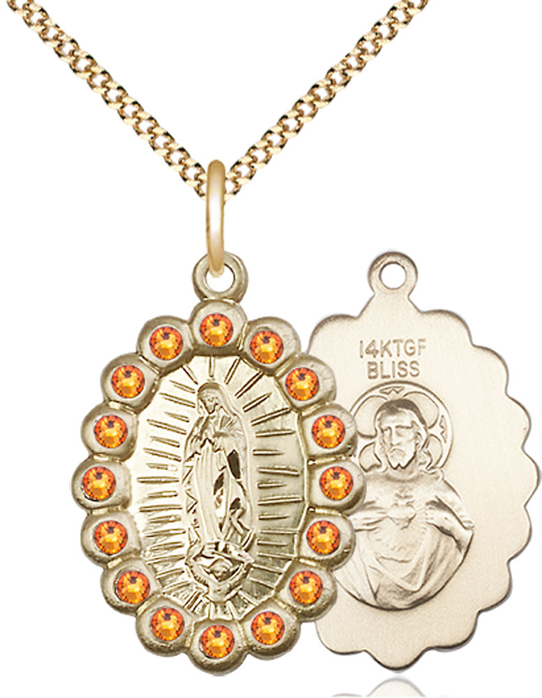 14kt Gold Filled Our Lady of Guadalupe Pendant with Topaz Swarovski stones on a 18 inch Gold Plate Light Curb chain