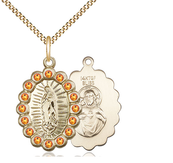 14kt Gold Filled Our Lady of Guadalupe Pendant with Topaz Swarovski stones on a 18 inch Gold Plate Light Curb chain