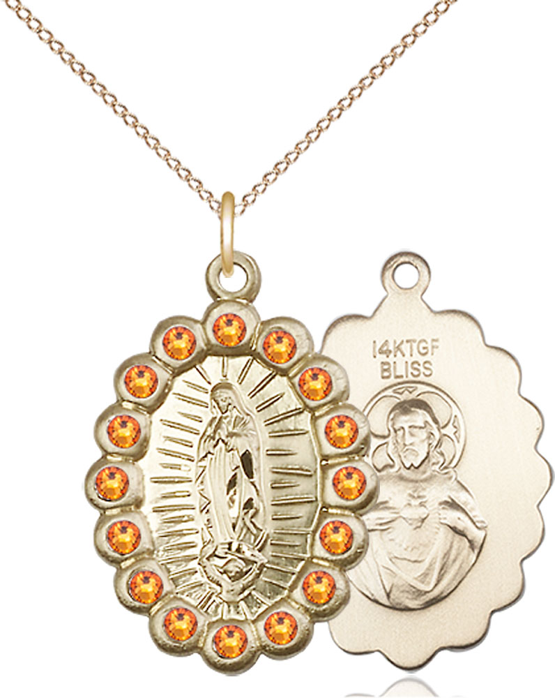 14kt Gold Filled Our Lady of Guadalupe Pendant with Topaz Swarovski stones on a 18 inch Gold Filled Light Curb chain