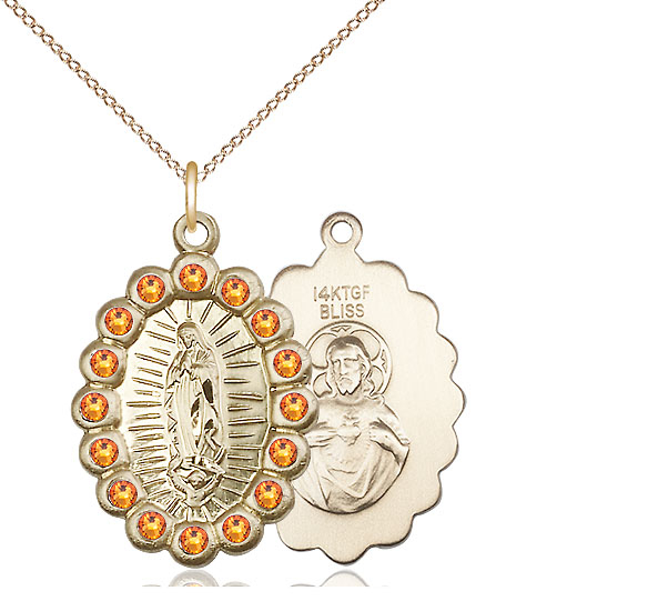14kt Gold Filled Our Lady of Guadalupe Pendant with Topaz Swarovski stones on a 18 inch Gold Filled Light Curb chain
