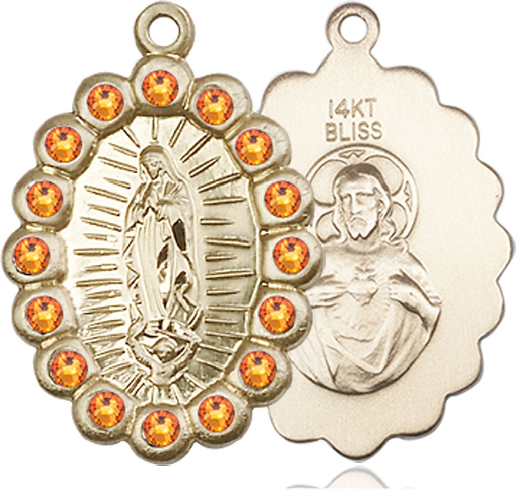14kt Gold Our Lady of Guadalupe Medal with Topaz Swarovski stones