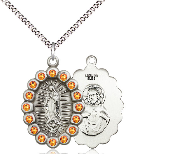 Sterling Silver Our Lady of Guadalupe Pendant with Topaz Swarovski stones on a 18 inch Light Rhodium Light Curb chain