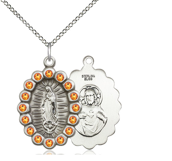 Sterling Silver Our Lady of Guadalupe Pendant with Topaz Swarovski stones on a 18 inch Sterling Silver Light Curb chain