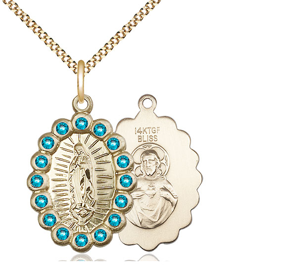 14kt Gold Filled Our Lady of Guadalupe Pendant with Zircon Swarovski stones on a 18 inch Gold Plate Light Curb chain