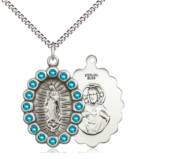 Sterling Silver Our Lady of Guadalupe Pendant with Zircon Swarovski stones on a 18 inch Light Rhodium Light Curb chain