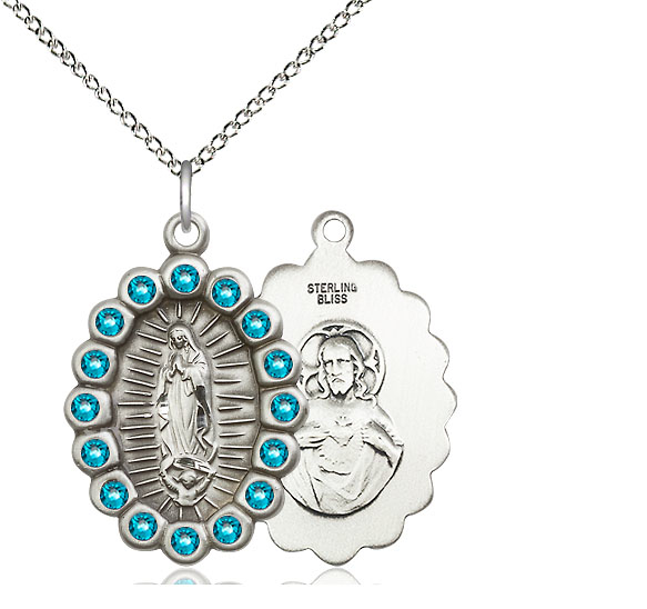 Sterling Silver Our Lady of Guadalupe Pendant with Zircon Swarovski stones on a 18 inch Sterling Silver Light Curb chain