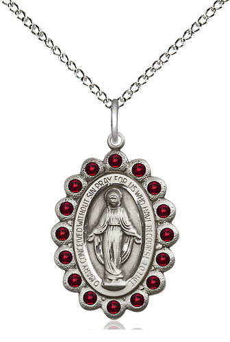Sterling Silver Miraculous Pendant with Garnet Swarovski stones on a 18 inch Sterling Silver Light Curb chain
