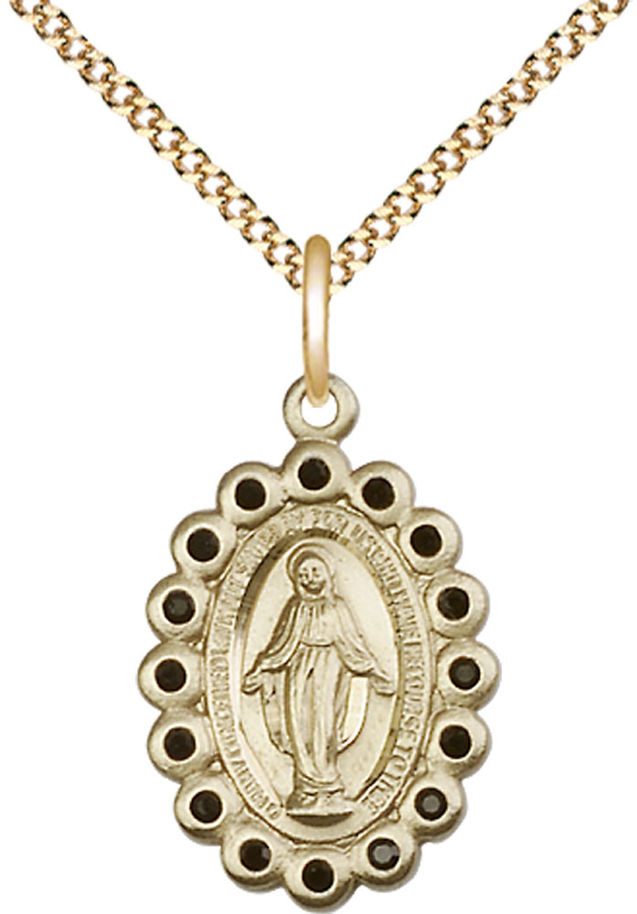 14kt Gold Filled Miraculous Pendant with Jet Swarovski stones on a 18 inch Gold Plate Light Curb chain