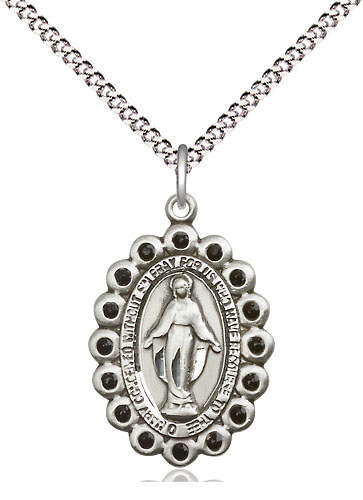 Sterling Silver Miraculous Pendant with Jet Swarovski stones on a 18 inch Light Rhodium Light Curb chain