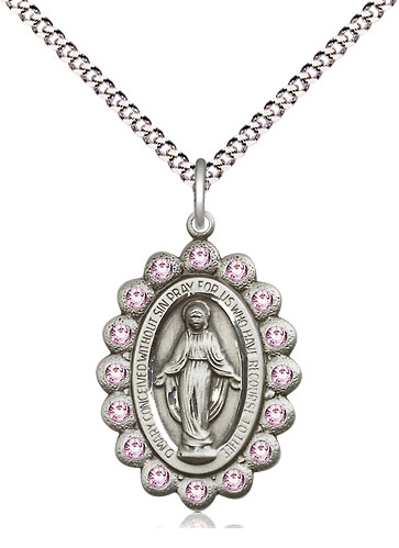 Sterling Silver Miraculous Pendant with LA Swarovski stones on a 18 inch Light Rhodium Light Curb chain