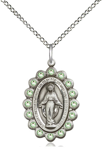Sterling Silver Miraculous Pendant with Peridot Swarovski stones on a 18 inch Sterling Silver Light Curb chain
