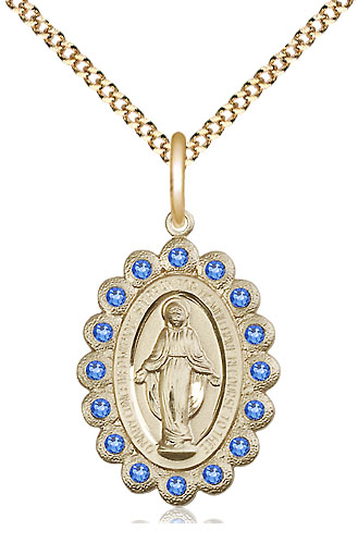 14kt Gold Filled Miraculous Pendant with Sapphire Swarovski stones on a 18 inch Gold Plate Light Curb chain