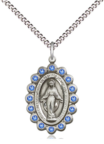 Sterling Silver Miraculous Pendant with Sapphire Swarovski stones on a 18 inch Light Rhodium Light Curb chain