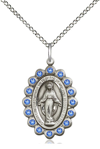 Sterling Silver Miraculous Pendant with Sapphire Swarovski stones on a 18 inch Sterling Silver Light Curb chain