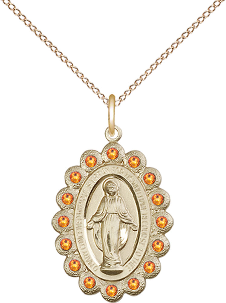 14kt Gold Filled Miraculous Pendant with Topaz Swarovski stones on a 18 inch Gold Filled Light Curb chain