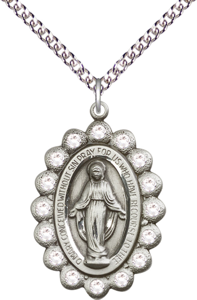 Sterling Silver Miraculous Pendant on a 24 inch Sterling Silver Heavy Curb chain