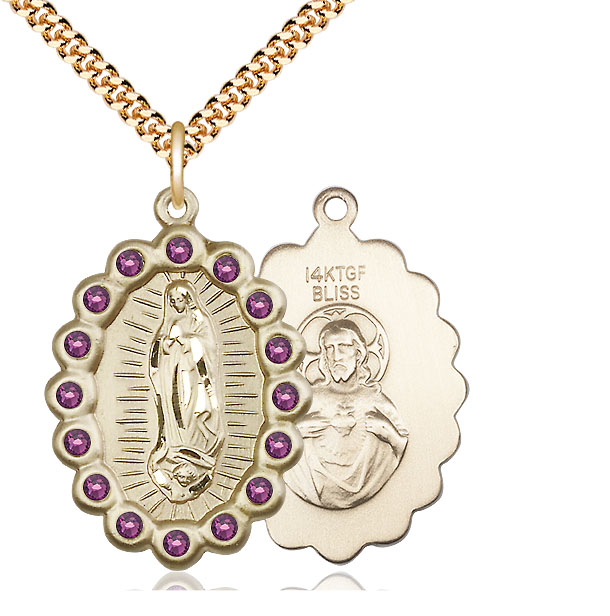 14kt Gold Filled Our Lady of Guadalupe Pendant with Amethyst Swarovski stones on a 24 inch Gold Plate Heavy Curb chain