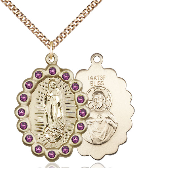 14kt Gold Filled Our Lady of Guadalupe Pendant with Amethyst Swarovski stones on a 24 inch Gold Filled Heavy Curb chain