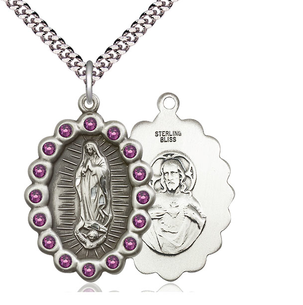 Sterling Silver Our Lady of Guadalupe Pendant with Amethyst Swarovski stones on a 24 inch Light Rhodium Heavy Curb chain
