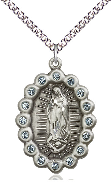 Sterling Silver Our Lady of Guadalupe Pendant on a 24 inch Sterling Silver Heavy Curb chain