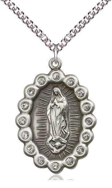 Sterling Silver Our Lady of Guadalupe Pendant with Crystal Swarovski stones on a 24 inch Sterling Silver Heavy Curb chain