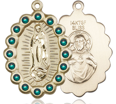 14kt Gold Filled Our Lady of Guadalupe Medal with Emerald Swarovski stones