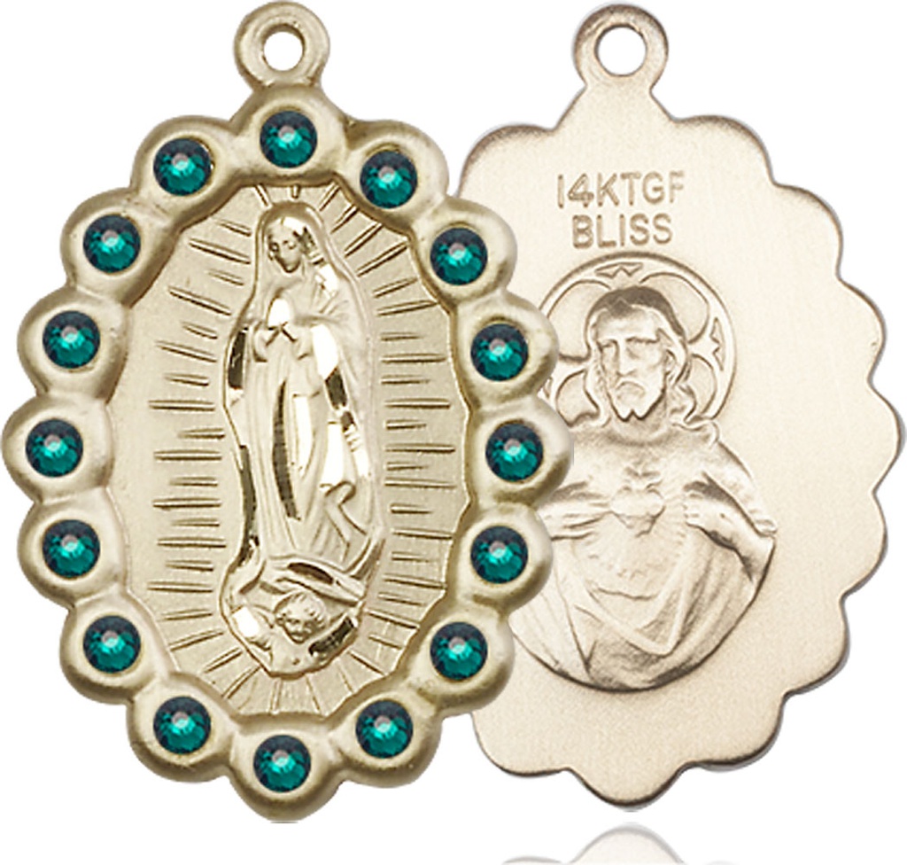 14kt Gold Filled Our Lady of Guadalupe Medal with Emerald Swarovski stones