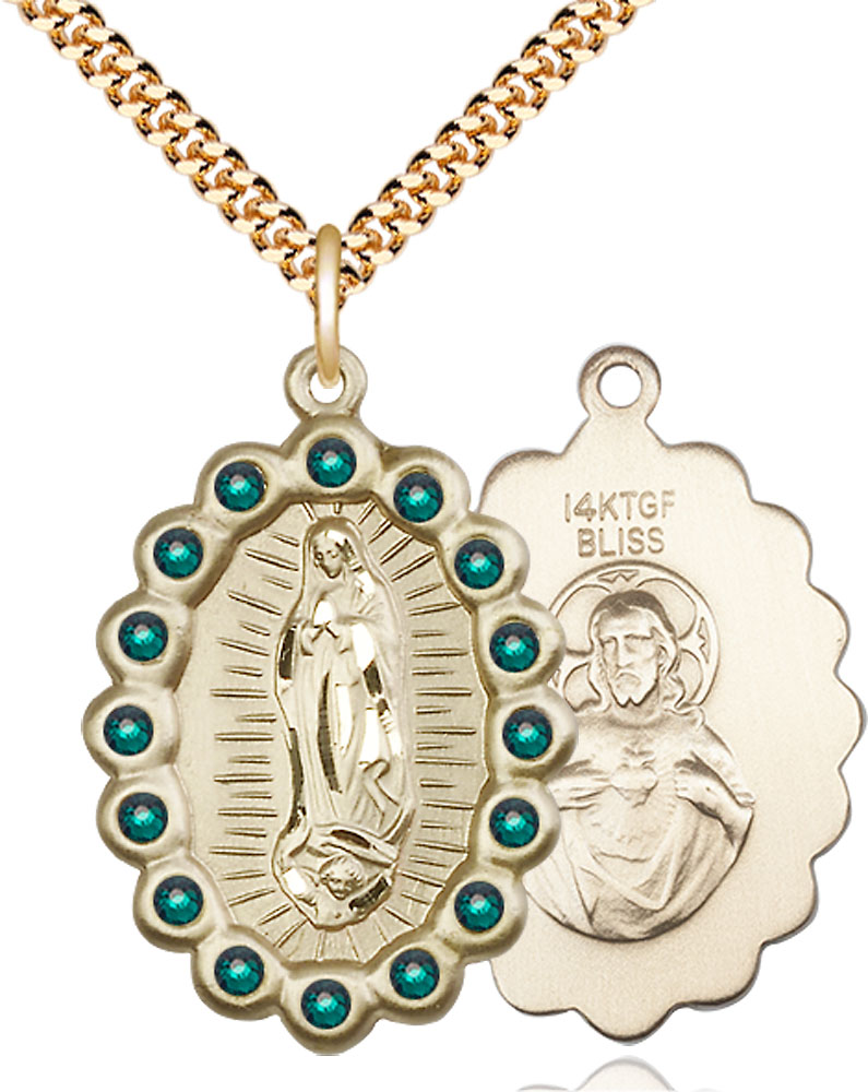 14kt Gold Filled Our Lady of Guadalupe Pendant with Emerald Swarovski stones on a 24 inch Gold Plate Heavy Curb chain