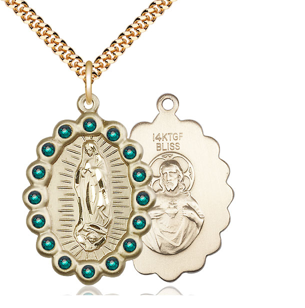 14kt Gold Filled Our Lady of Guadalupe Pendant with Emerald Swarovski stones on a 24 inch Gold Plate Heavy Curb chain