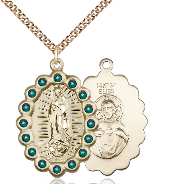 14kt Gold Filled Our Lady of Guadalupe Pendant with Emerald Swarovski stones on a 24 inch Gold Filled Heavy Curb chain