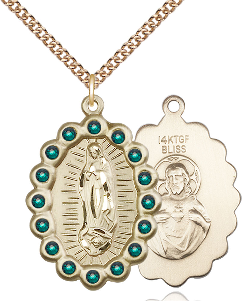 14kt Gold Filled Our Lady of Guadalupe Pendant with Emerald Swarovski stones on a 24 inch Gold Filled Heavy Curb chain