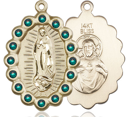 14kt Gold Our Lady of Guadalupe Medal with Emerald Swarovski stones