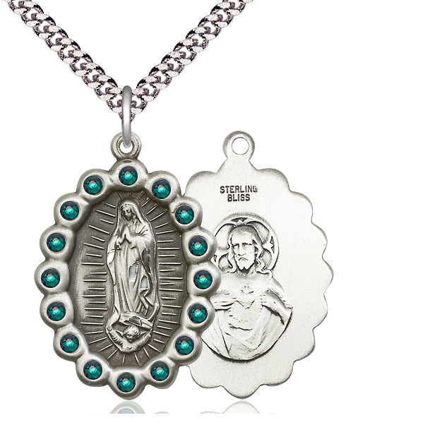 Sterling Silver Our Lady of Guadalupe Pendant with Emerald Swarovski stones on a 24 inch Light Rhodium Heavy Curb chain