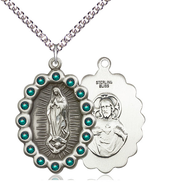 Sterling Silver Our Lady of Guadalupe Pendant with Emerald Swarovski stones on a 24 inch Sterling Silver Heavy Curb chain