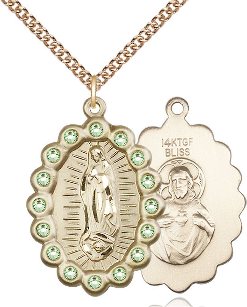 14kt Gold Filled Our Lady of Guadalupe Pendant with Peridot Swarovski stones on a 24 inch Gold Filled Heavy Curb chain