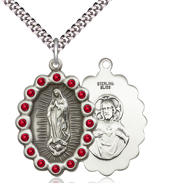 Sterling Silver Our Lady of Guadalupe Pendant with Ruby Swarovski stones on a 24 inch Light Rhodium Heavy Curb chain