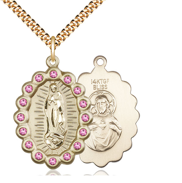 14kt Gold Filled Our Lady of Guadalupe Pendant with Rose Swarovski stones on a 24 inch Gold Plate Heavy Curb chain