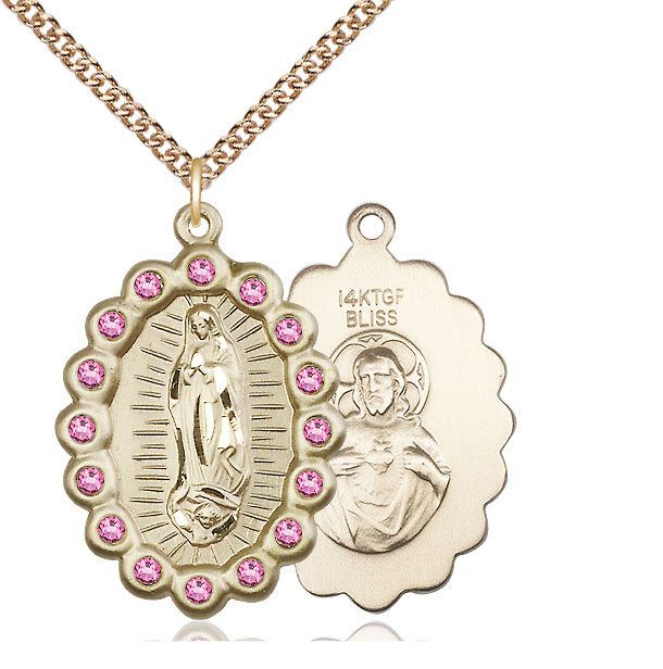 14kt Gold Filled Our Lady of Guadalupe Pendant with Rose Swarovski stones on a 24 inch Gold Filled Heavy Curb chain