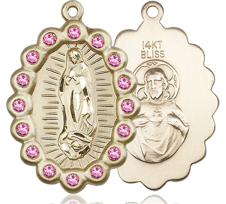 14kt Gold Our Lady of Guadalupe Medal with Rose Swarovski stones