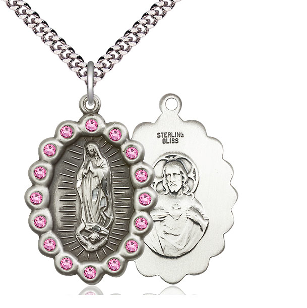 Sterling Silver Our Lady of Guadalupe Pendant with Rose Swarovski stones on a 24 inch Light Rhodium Heavy Curb chain