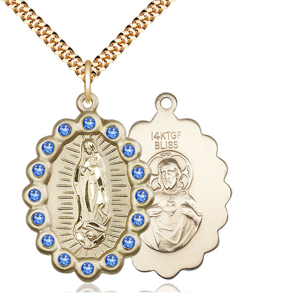 14kt Gold Filled Our Lady of Guadalupe Pendant with Sapphire Swarovski stones on a 24 inch Gold Plate Heavy Curb chain