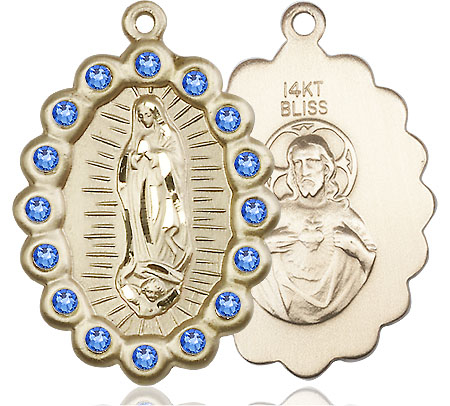 14kt Gold Our Lady of Guadalupe Medal with Sapphire Swarovski stones