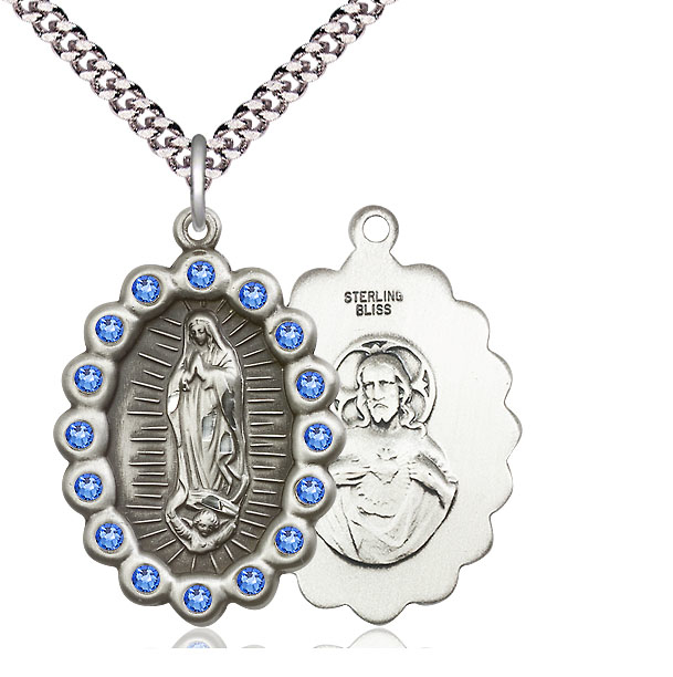Sterling Silver Our Lady of Guadalupe Pendant with Sapphire Swarovski stones on a 24 inch Light Rhodium Heavy Curb chain
