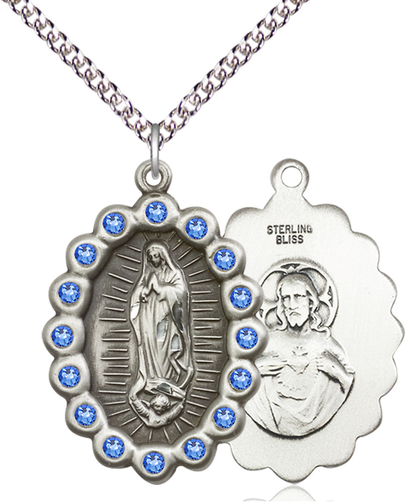 Sterling Silver Our Lady of Guadalupe Pendant with Sapphire Swarovski stones on a 24 inch Sterling Silver Heavy Curb chain